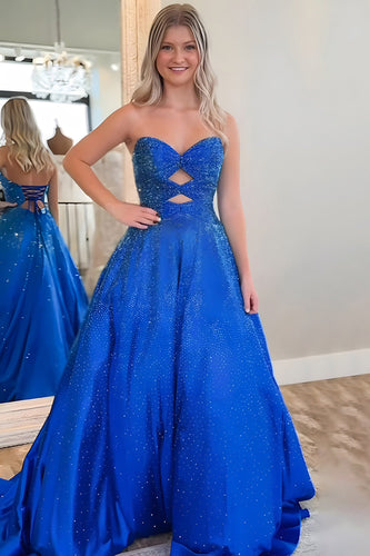 Sparkly Royal Blue Satin Cut Out Sweetheart Long Prom Dress with Beading