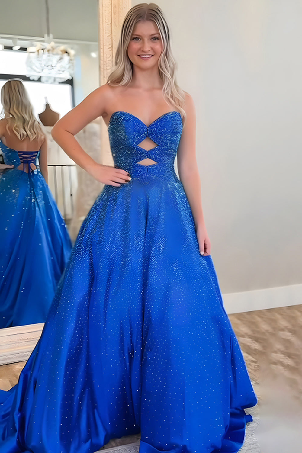 Sparkly Royal Blue Satin Cut Out Sweetheart Long Prom Dress with Beading