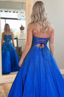 Load image into Gallery viewer, Sparkly Royal Blue Satin Cut Out Sweetheart Long Prom Dress with Beading