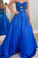 Load image into Gallery viewer, Sparkly Royal Blue Satin Cut Out Sweetheart Long Prom Dress with Beading
