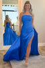 Load image into Gallery viewer, Sparkly Royal Blue Satin Mermaid Beaded Long Prom Dress with Cape