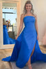 Load image into Gallery viewer, Sparkly Royal Blue Satin Mermaid Beaded Long Prom Dress with Cape