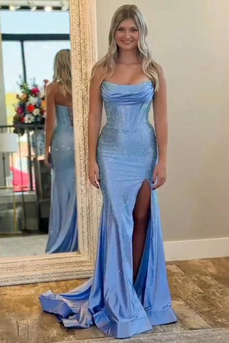 Sparkly Blue Mermaid Beaded Strapless Long Corset Prom Dress with Slit