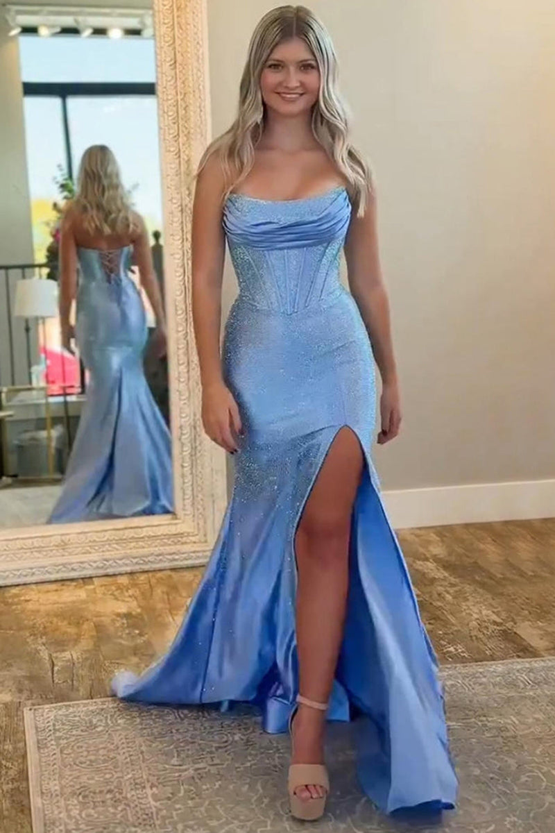 Load image into Gallery viewer, Sparkly Blue Mermaid Beaded Strapless Long Corset Prom Dress with Slit