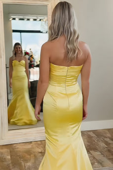 Yellow Satin Mermaid Sweetheart Long Prom Dress