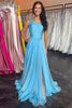 Load image into Gallery viewer, Blue A Line Beaded One Shoulder Pleated Long Prom Dress with Slit