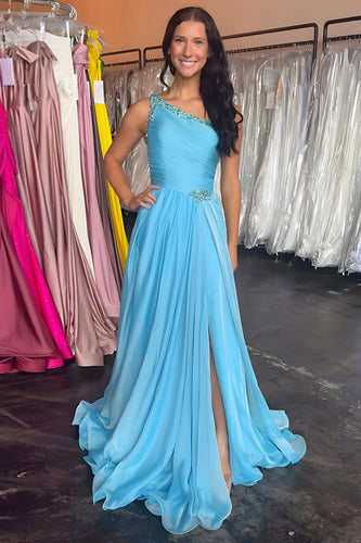 Blue A Line Beaded One Shoulder Pleated Long Prom Dress with Slit