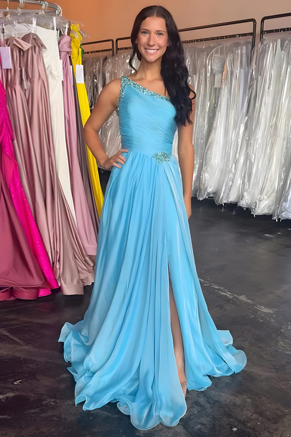 Blue A Line Beaded One Shoulder Pleated Long Prom Dress with Slit