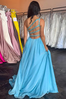 Load image into Gallery viewer, Blue A Line Beaded One Shoulder Pleated Long Prom Dress with Slit