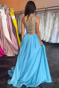 Blue A Line Beaded One Shoulder Pleated Long Prom Dress with Slit