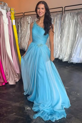 Blue A Line Beaded One Shoulder Pleated Long Prom Dress with Slit