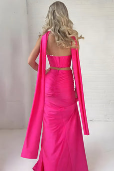 Fuchsia 2 Piece Mermaid Neck Scarf Long Corset Prom Dress with Slit