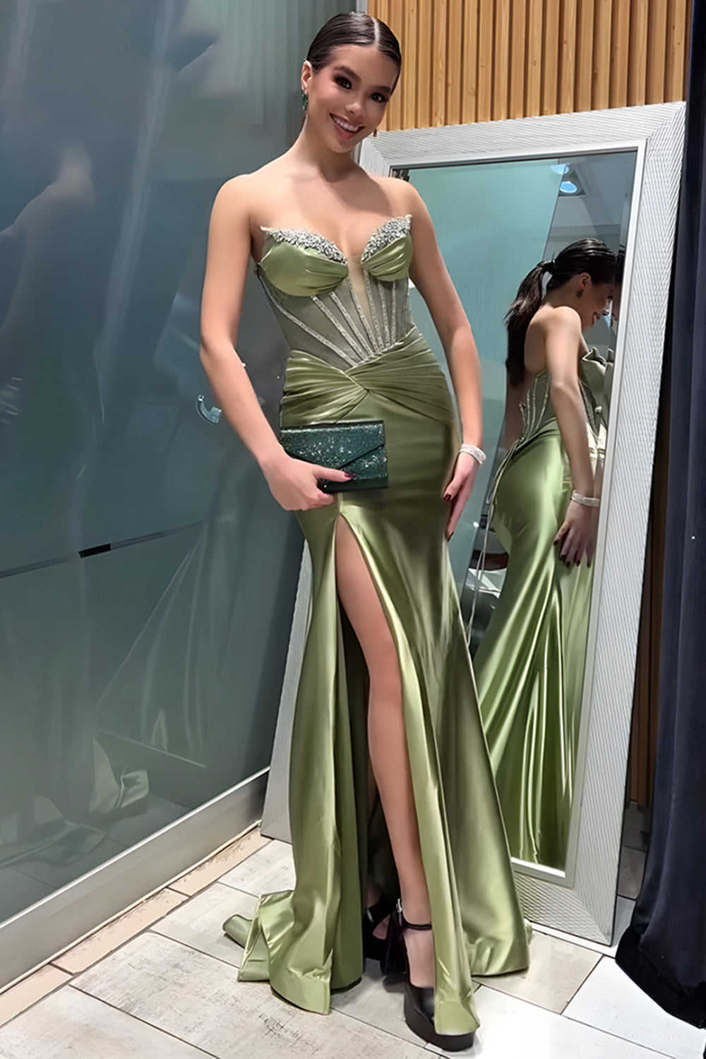 Sage Green Satin Mermaid Beaded Long Corset Prom Dress with Slit
