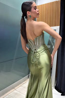 Load image into Gallery viewer, Sage Green Satin Mermaid Beaded Long Corset Prom Dress with Slit