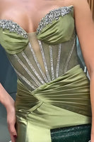 Load image into Gallery viewer, Sage Green Satin Mermaid Beaded Long Corset Prom Dress with Slit