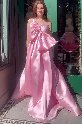 Pink A Line One Shoulder Satin Long Prom Dress with Bow
