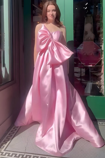 Pink A Line One Shoulder Satin Long Prom Dress with Bow