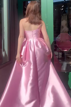 Pink A Line One Shoulder Satin Long Prom Dress with Bow