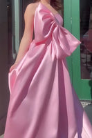 Load image into Gallery viewer, Pink A Line One Shoulder Satin Long Prom Dress with Bow