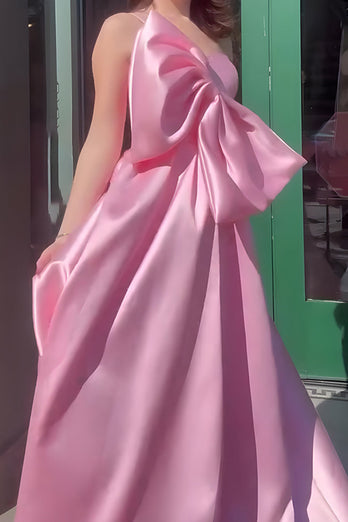 Pink A Line One Shoulder Satin Long Prom Dress with Bow