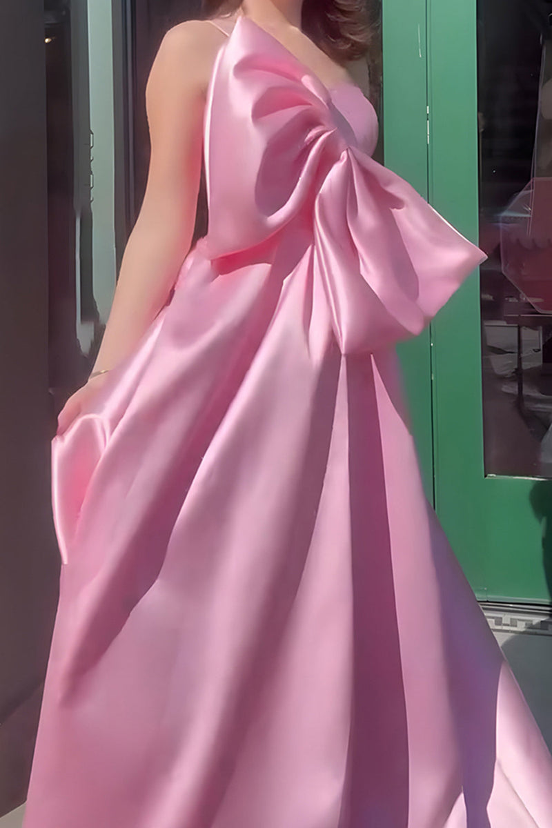 Load image into Gallery viewer, Pink A Line One Shoulder Satin Long Prom Dress with Bow
