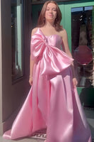 Load image into Gallery viewer, Pink A Line One Shoulder Satin Long Prom Dress with Bow