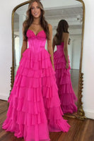 Load image into Gallery viewer, Fuchsia Tiered Chiffon A Line Long Corset Prom Dress with Slit