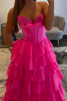 Load image into Gallery viewer, Fuchsia Tiered Chiffon A Line Long Corset Prom Dress with Slit