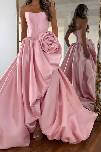 Blush Satin Strapless A Line Long Corset Prom Dress with 3D Flower