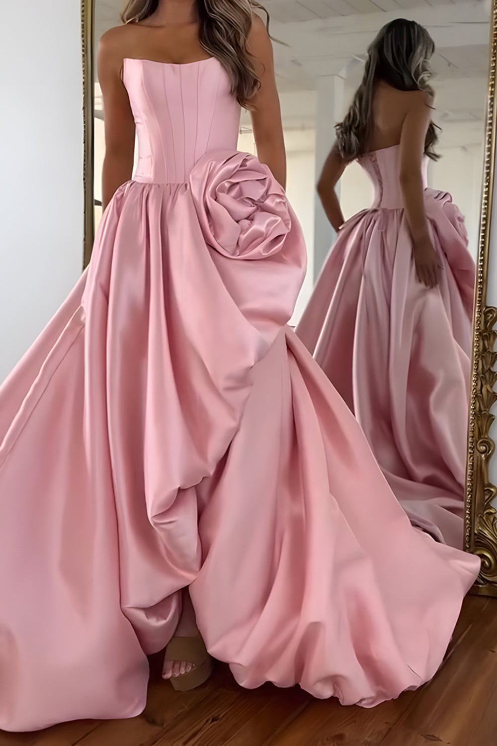 Blush Satin Strapless A Line Long Corset Prom Dress with 3D Flower