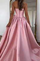 Load image into Gallery viewer, Blush Satin Strapless A Line Long Corset Prom Dress with 3D Flower