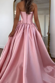 Blush Satin Strapless A Line Long Corset Prom Dress with 3D Flower