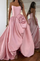 Load image into Gallery viewer, Blush Satin Strapless A Line Long Corset Prom Dress with 3D Flower