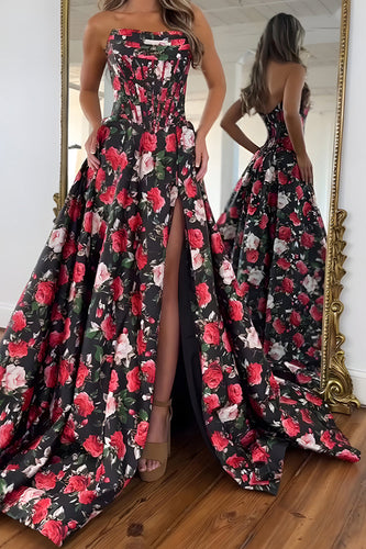 Floral Black and Red A Line Satin Strapless Long Corset Prom Dress with Slit