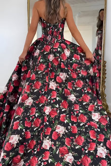 Floral Black and Red A Line Satin Strapless Long Corset Prom Dress with Slit