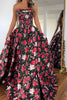 Load image into Gallery viewer, Floral Black and Red A Line Satin Strapless Long Corset Prom Dress with Slit
