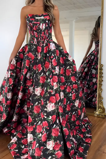 Floral Black and Red A Line Satin Strapless Long Corset Prom Dress with Slit