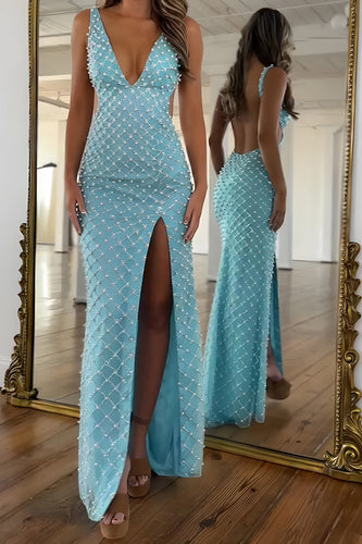 Blue Sheath V-Neck Pearls Long Prom Dress with Slit