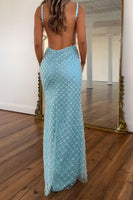 Load image into Gallery viewer, Blue Sheath V-Neck Pearls Long Prom Dress with Slit