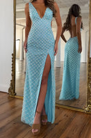 Load image into Gallery viewer, Blue Sheath V-Neck Pearls Long Prom Dress with Slit