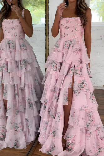 Floral Pink Tiered A Line Spaghetti Straps Long Prom Dress with Slit