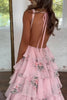 Load image into Gallery viewer, Floral Pink Tiered A Line Spaghetti Straps Long Prom Dress with Slit