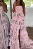 Load image into Gallery viewer, Floral Pink Tiered A Line Spaghetti Straps Long Prom Dress with Slit