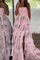 Load image into Gallery viewer, Floral Pink Tiered A Line Spaghetti Straps Long Prom Dress with Slit