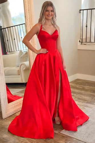 Red Halter A Line Satin Long Corset Prom Dress with Slit