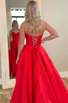 Red Halter A Line Satin Long Corset Prom Dress with Slit