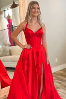 Load image into Gallery viewer, Red Halter A Line Satin Long Corset Prom Dress with Slit