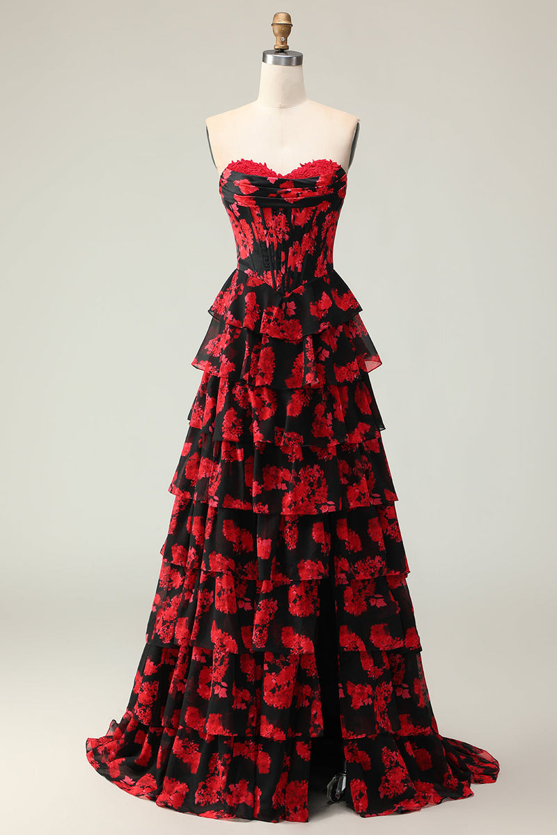 Load image into Gallery viewer, Black and Red Floral Corset Ruffled Strapless Long Prom Dress with Slit