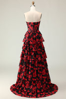 Load image into Gallery viewer, Black and Red Floral Corset Ruffled Strapless Long Prom Dress with Slit