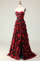 Load image into Gallery viewer, Black and Red Floral Corset Ruffled Strapless Long Prom Dress with Slit